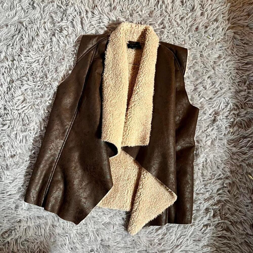 Brown faux leather vest Indie Lagenlook Boho Earthy cream fleece lining